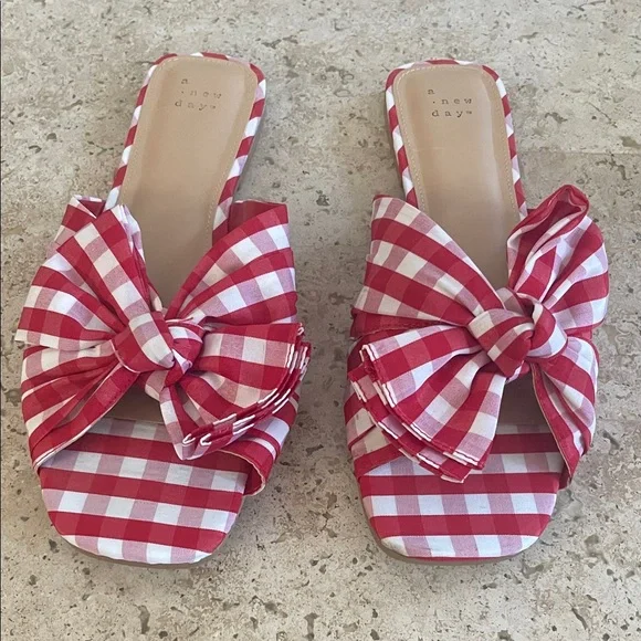 Target-A New Day Red Checkered Bow Slide Sandals - Picture 1 of 4